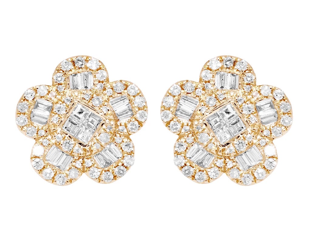 UNISEX BAGUETTE FLOWER REAL DIAMOND STUD EARRING: Unisex Baguette Flower Real Diamond Stud Earring Brand: None Type: Earring Material: 14K Yellow Gold, Main Stone/Creation Natural Color: Gold Size: Dimension L 0.5" x W 13mm Accessories: None