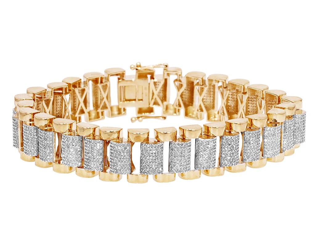 10K YELLOW GOLD PRESIDENTIAL STYLE REAL DIAMOND BRACELET: 10K Yellow Gold Presidential Style Real Diamond Bracelet Brand: None Type: Bracelet Material: 10K Yellow Gold, Color: Gold Size: Dimension 15MM 8.5" Accessories: None Accessories Notice: When