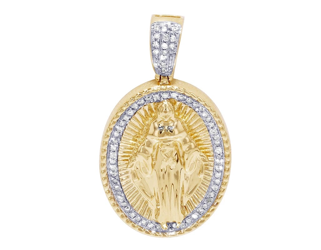 UNISEX OVAL MOTHER MARY/JESUS REAL DIAMOND PENDANT: Unisex Oval Mother Mary/Jesus Real Diamond Pendant Brand: None Type: Pendant Material: 14k Yellow Gold, Main Stone/Creation Natural Color: Gold Size: Dimension(s)1.2"x.07"x2.7mm Accessories: