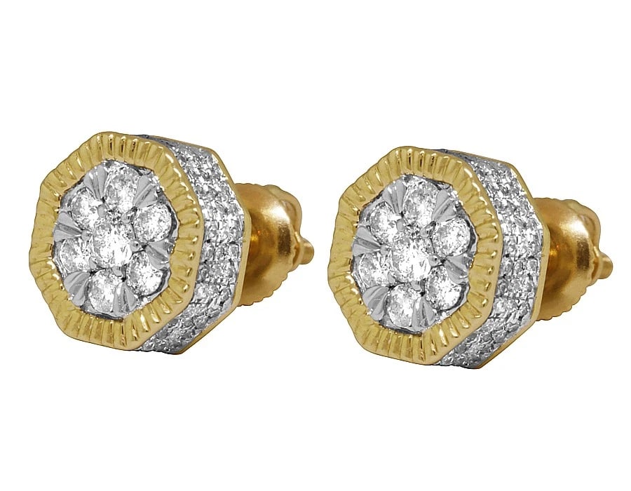 LADIES 10K YELLOW GOLD OCTAGON FLOWER DIAMOND EARRING STUD: Ladies 10K Yellow Gold Octagon Flower Diamond Earring Stud Brand: None Type: Earrings Material: 10K Yellow Gold, Main Stone/Creation Natural Color: Yellow Size: Dimension(s) 9mm, 4mm height Acces