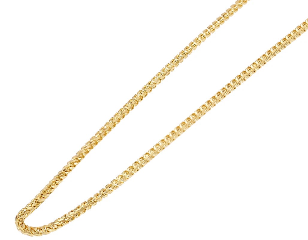 FRANCO CHAIN SOLID 10K YELLOW GOLD: Franco Chain Solid 10K Yellow Gold Brand: None Type: Necklace Material: 10K Yellow Gold, Color: Yellow Gold Size: Necklace Length 16" Width 1.5mm Accessories: None Accessories Notice: When