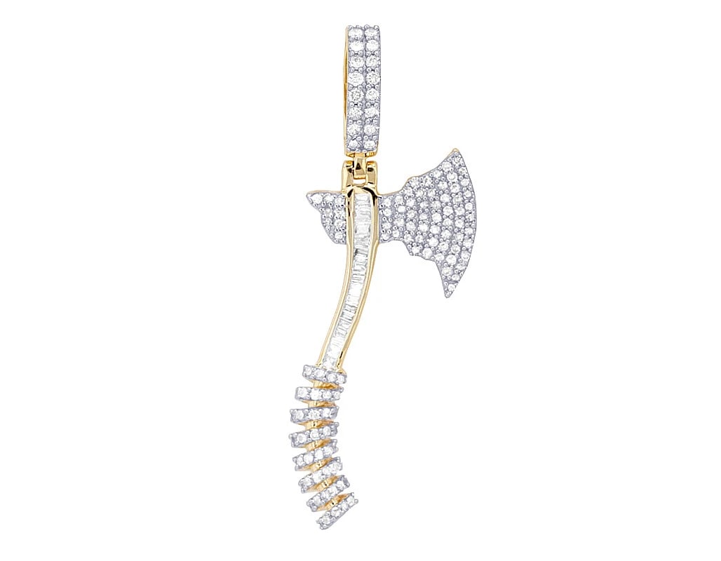 BATTLE AXE REAL DIAMOND PENDANT 10K YELLOW/WHITE GOLD: Battle Axe Real Diamond Pendant 10k Yellow/White Gold Brand: None Type: Pendant Material: 10k Multi-Tone Gold, Color: Multi-Tone Gold Size: Dimension 1.7" x 15mm Accessories: None Accessor