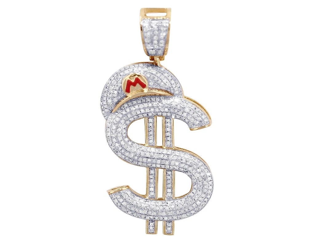 $ DOLLAR MARIO REAL DIAMOND PENDANT 10K YELLOW-WHITE GOLD: $ Dollar Mario Real Diamond Pendant 10K Yellow-White Gold Brand: None Type: Pendant Material: 10K Yellow-White Gold, Main Stone/Creation Natural Color: Multi-Tone Size: Dimension 1.5" Accessories