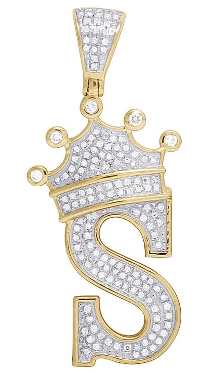 10K YELLOW GOLD GENUINE DIAMOND CROWN LETTER PENDANT: 10K Yellow Gold Genuine Diamond Crown Letter Pendant Brand: None Type: Pendant Material: 10K Yellow Gold, Main Stone/Creation Natural Color: Yellow Gold Size: Dimension 1.75" Accessories: None