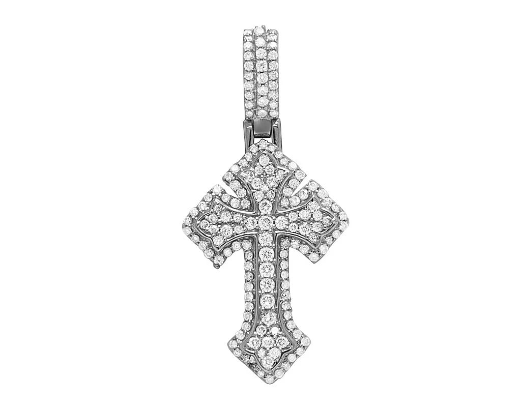 10K WHITE GOLD REAL DIAMOND DESIGNER CROSS PENDANT: 10K White Gold Real Diamond Designer Cross Pendant Brand: None Type: Pendant Material: 10K White Gold, Main Stone/Creation Natural Color: White Gold Size: Dimension 1.25" Accessories: None