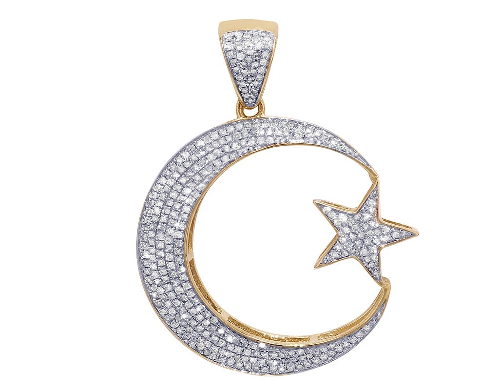 CRESCENT MOON STAR REAL DIAMOND PENDANT 10K YELLOW-WHITE GOLD (1 of 3)