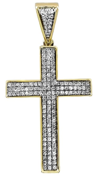 MENS 10K YELLOW GOLD3 ROW PUFF PAVE DIAMOND CROSS PENDANT (1 of 3)
