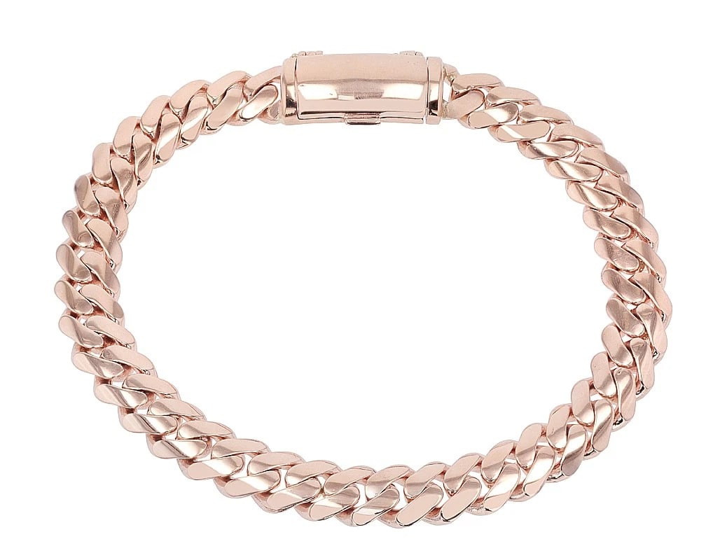 CURB SOLID MIAMI CUBAN LINK CHAIN BRACELET 14K ROSE GOLD: Curb Solid Miami Cuban Link Chain Bracelet 14K Rose Gold Brand: None Type: Bracelet Material: 14K Rose Gold, Color: Gold Size: Dimension(s) Length 9", Width 8MM Accessories: None Accessori