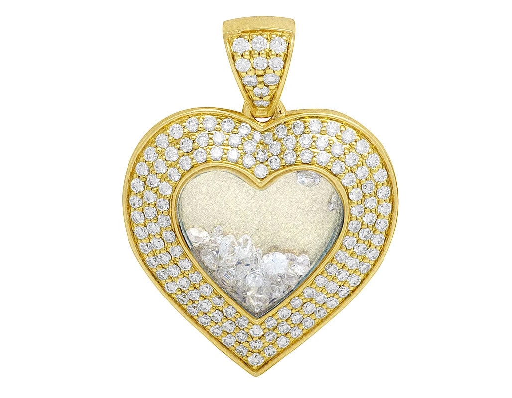 14K YELLOW GOLD FLOATING REAL DIAMOND HEART PENDANT CHARM: 14K Yellow Gold Floating Real Diamond Heart Pendant Charm Brand: None Type: Pendant Material: 14K Yellow Gold, Main Stone/Creation Natural Color: Yellow Gold Size: Dimension 1.75" Accessories: No