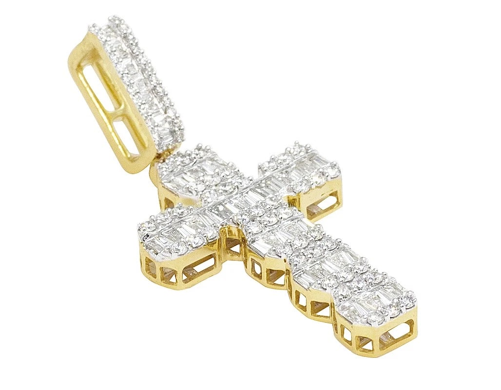 10K GOLD BAGUETTE REAL DIAMOND CROSS PENDANT: 10k Gold Baguette Real Diamond Cross Pendant Brand: None Type: Pendant Material: 10K Yellow Gold, Main Stone/Creation Natural Color: Yellow Gold, White Gold, Rose Gold Size: Dimension 1.5" Access
