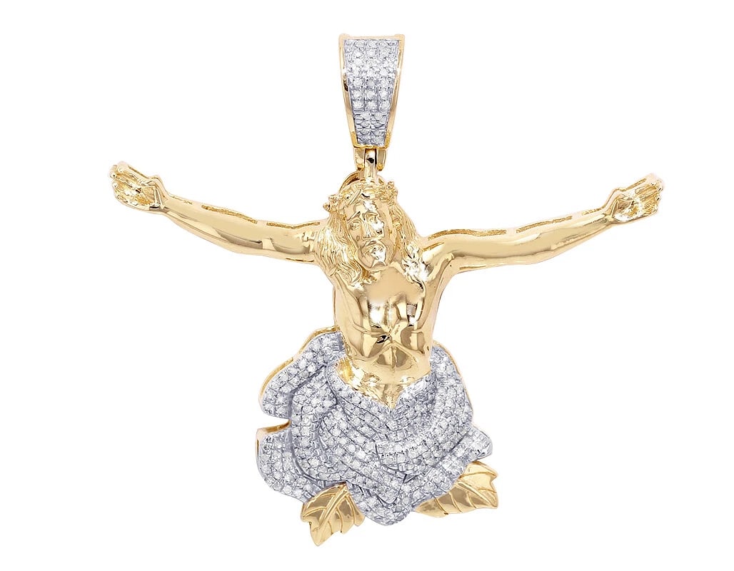 MEN'S OPEN ARM JESUS REAL DIAMOND PENDANT 10K YELLOW GOLD: Men's Open Arm Jesus Real Diamond Pendant 10K Yellow Gold Brand: None Type: Pendant Material: 10K Yellow Gold, Main Stone/Creation Natural Color: Gold Size: Dimension(s) L 1.6" x W 2" x H 7mm Acc