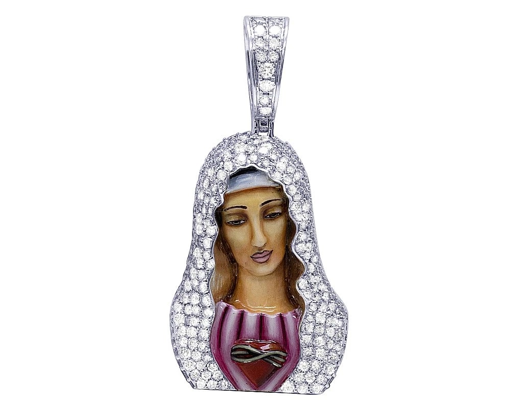 10K WHITE GOLD ENAMEL MOTHER MARY REAL DIAMOND PENDANT: 10K White Gold Enamel Mother Mary Real Diamond Pendant Brand: None Type: Pendant Material: 10K White Gold, Main Stone/Creation Natural Color: White Size: Dimension 2" Accessories: None Acc
