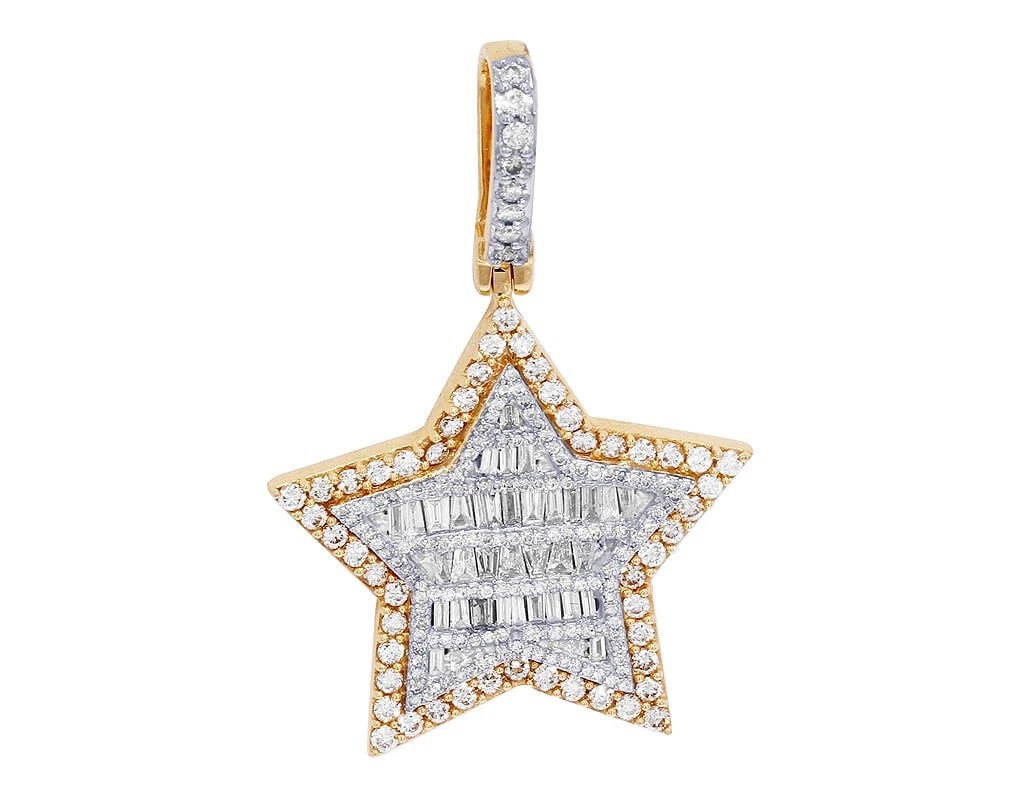 YELLOW - WHITE GOLD BAGUETTE DIAMOND STAR PENDANT: Yellow - White Gold Baguette Diamond Star Pendant Brand: None Type: Pendant Material: 10K Multi-Tone Gold, Main Stone/Creation Natural Color: Multi-Tone Size: Dimension 1.5" Accessories: None