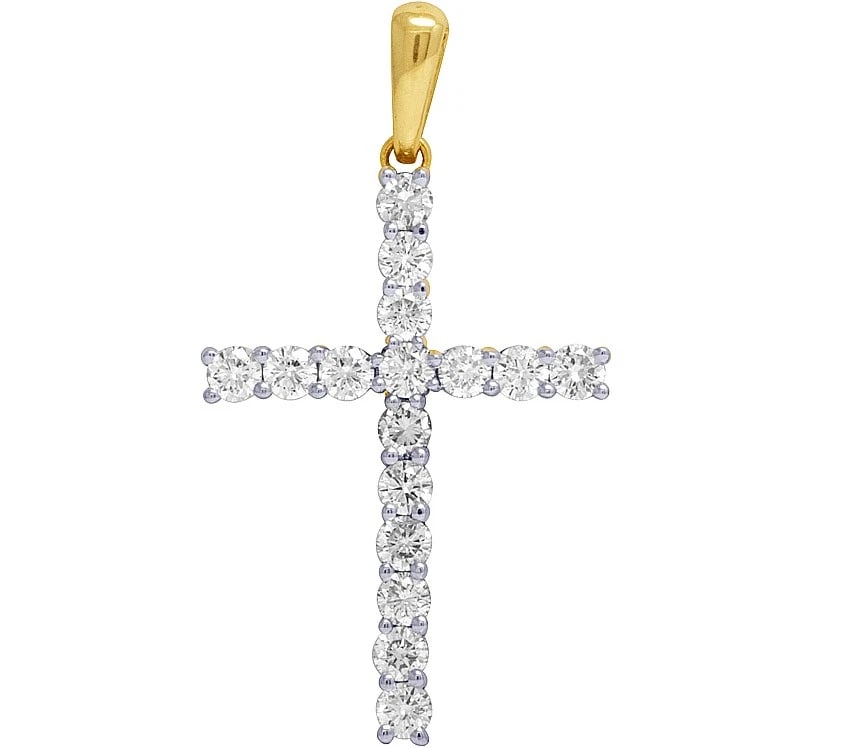 UNISEX 10K YELLOW GOLD REAL DIAMOND 1 ROW CROSS PENDANT: Unisex 10K Yellow Gold Real Diamond 1 Row Cross Pendant Brand: None Type: Pendant Material: 10K Yellow Gold, Main Stone/Creation Natural Color: Yellow Gold Size: Dimension 1.5" Accessories: None