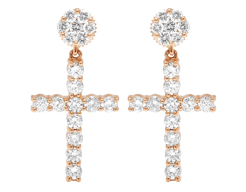 LADIES 10K ROSE GOLD REAL DIAMOND FLOWER CROSS DANGLE EARRING: Ladies 10K Rose Gold Real Diamond Flower Cross Dangle Earring Brand: None Type: Earrings Material: 10K Rose Gold, Main Stone/Creation Natural Color: Gold Size: Dimension(s) 1.1" x 28mm 