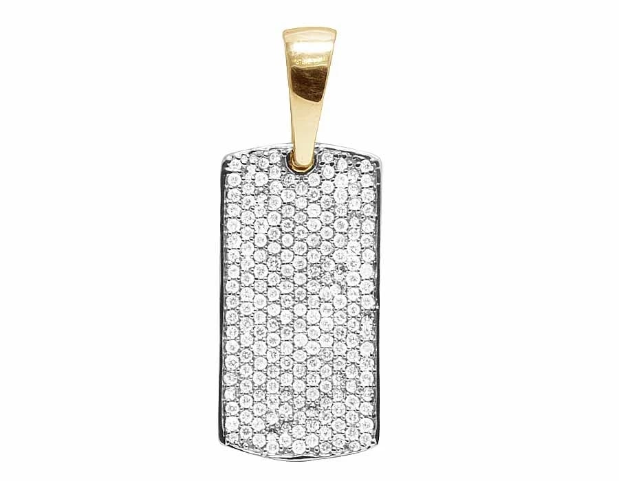 LADIES MENS 14K YELLOW GOLD GENUINE DIAMOND ICED DOGTAG CHARM PENDANT: Ladies Mens 14K Yellow Gold Genuine Diamond Iced Dogtag Charm Pendant Brand: None Type: Pendant Material: 14K Yellow Gold, Main Stone/Creation Natural Color: Yellow Gold Size: Dimension 1.2" 