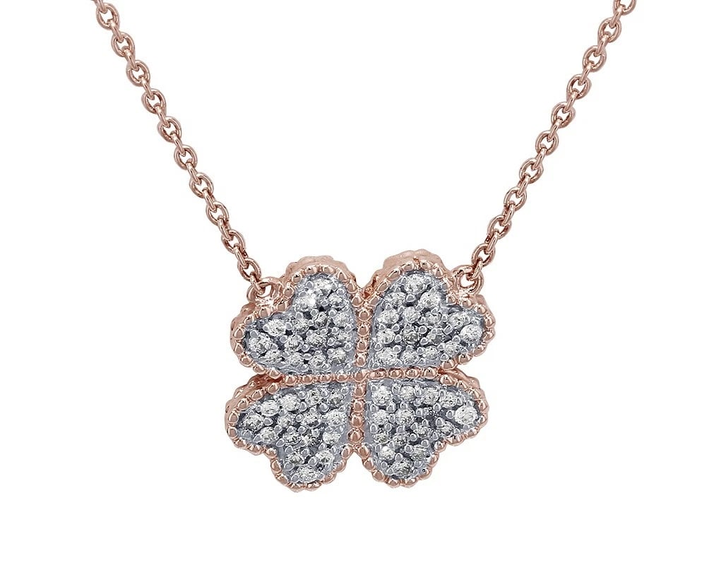HEART SHAPED CLOVER REAL DIAMOND PENDANT 10K ROSE GOLD: Heart Shaped Clover Real Diamond Pendant 10K Rose Gold Brand: None Type: Necklace Material: 10K Rose Gold, Main Stone/Creation Natural Color: Rose Gold Size: Dimension 0.6" chain18" Accessories: