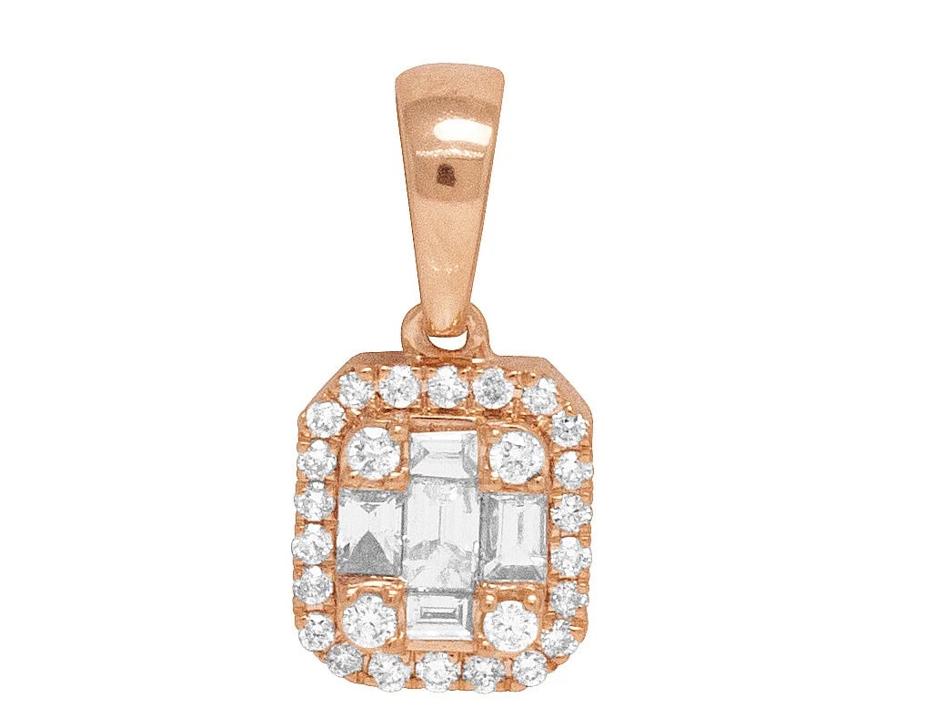 14K ROSE GOLD REAL DIAMOND BAGUETTE OCTAGON PENDANT: 14K Rose Gold Real Diamond Baguette Octagon Pendant Brand: None Type: Pendant Material: 14K Rose Gold, Main Stone/Creation Natural Color: Rose Gold Size: Dimension 0.75" Accessories: None