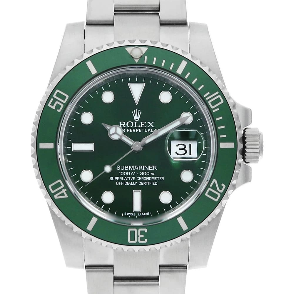 ROLEX SUBMARINER GREEN WATCH: ROLEX SUBMARINER green Watch Brand: ROLEX Type: Wrist watch Material: Band Material Stainless Steel, Case Material Stainless Steel Color: Dial Color Green Size: Case:W40mm Circumference of Wrist:2