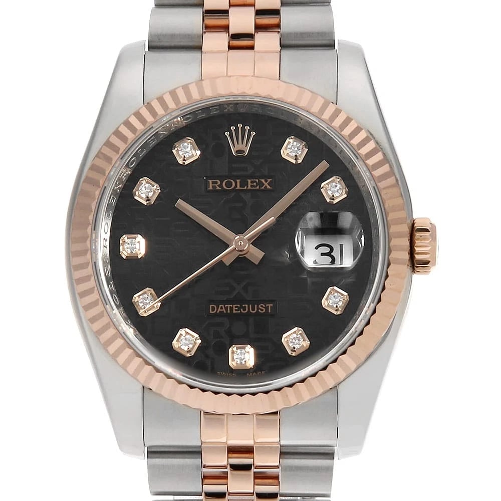 ROLEX DATEJUST DIAMOND BLACK WATCH: ROLEX Datejust Diamond black Watch Brand: ROLEX Type: Wrist watch Material: Band Material Stainless Steel/Pink Gold, Case Material Stainless Steel/Pink Gold Color: Dial Color Black Size: Case:W36mm Ci