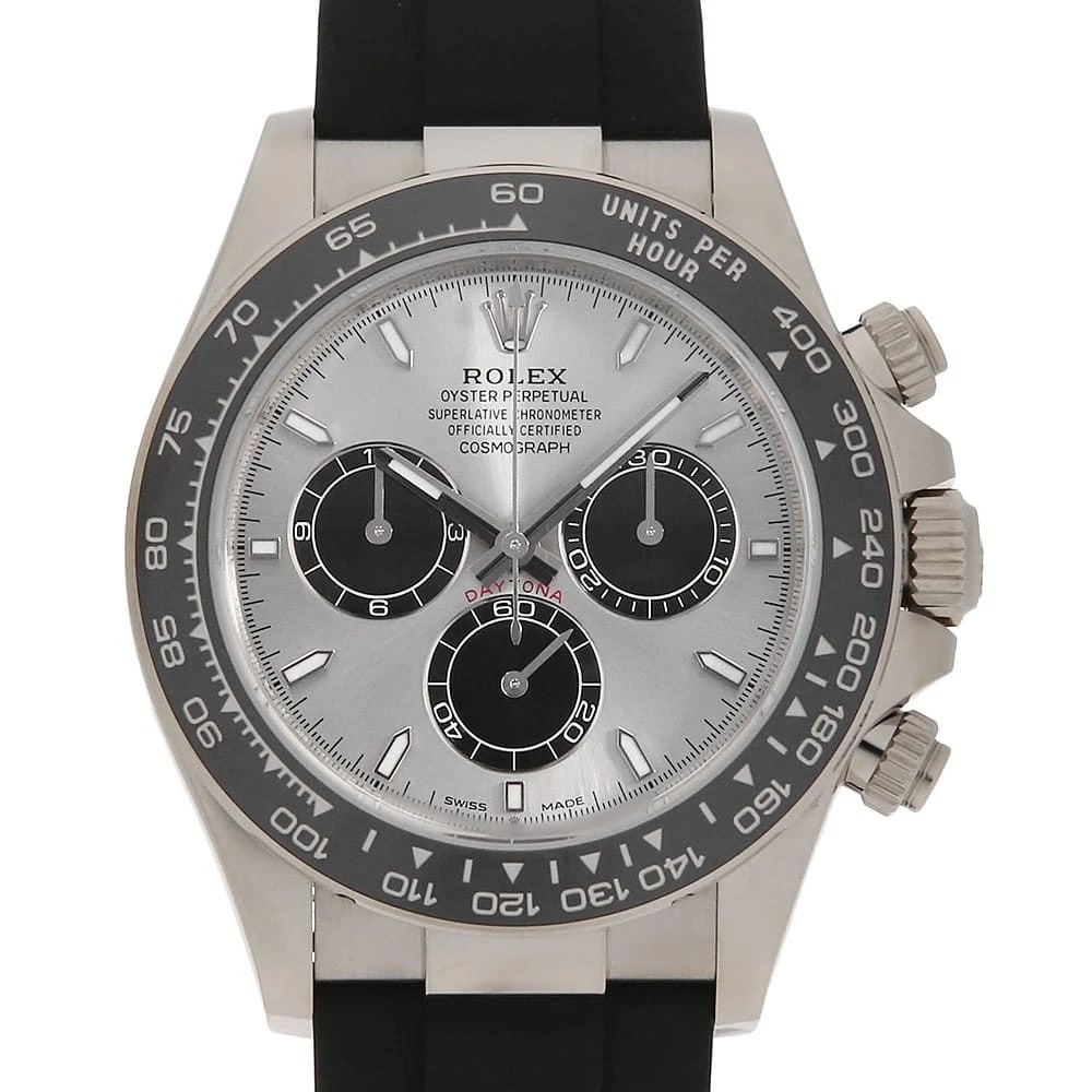 ROLEX COSMOGRAPH DAYTONA STEEL AND BLACK WATCH: ROLEX Cosmograph Daytona Steel and black Watch Brand: ROLEX Type: Wrist watch Material: Band Material rubber, Case Material White Gold Color: Dial Color Steel and Black Size: Case:W40mm
