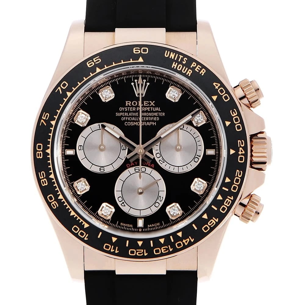 ROLEX COSMOGRAPH DAYTONA DIAMOND BLACK AND SAND DUST WATCH: ROLEX Cosmograph Daytona diamond black and Sand Dust Watch Brand: ROLEX Type: Wrist watch Material: Band Material rubber, Case Material Everose Gold Color: Dial Color Black Size: Case:W40mm