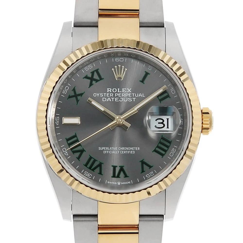 ROLEX DATEJUST SLATE GREEN OYSTER WATCH: ROLEX DATEJUST slate Green Oyster Watch Brand: ROLEX Type: Wrist watch Material: Band Material Stainless Steel/Yellow Gold, Case Material Stainless Steel/Yellow Gold Color: Dial Color Slate Size: