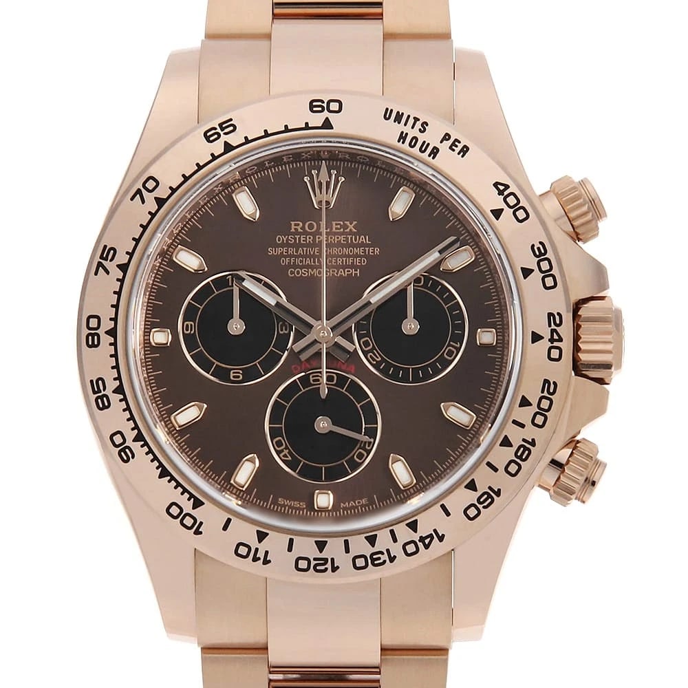 ROLEX COSMOGRAPH DAYTONA CHOCOLATE BROWN AND BLACK WATCH: ROLEX Cosmograph Daytona Chocolate brown and black Watch Brand: ROLEX Type: Wrist watch Material: Band Material Everose Gold, Case Material Everose Gold Color: Dial Color Chocolate Brown Size: Cas
