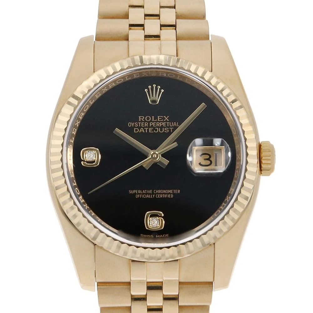 ROLEX DATEJUST DIAMOND ONYX WATCH: ROLEX Datejust diamond onyx Watch Brand: ROLEX Type: Wrist watch Material: Band Material Yellow Gold, Case Material Yellow Gold Color: Dial Color Onyx Size: Case:W36mm Circumference of
