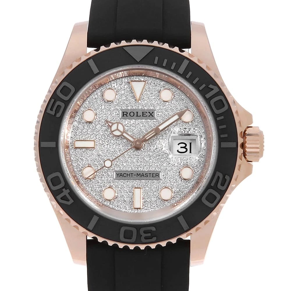 ROLEX YACHT MASTER PAVE DIAMOND WATCH: ROLEX Yacht Master Pave Diamond Watch Brand: ROLEX Type: Wrist watch Material: Band Material rubber, Case Material Everose Gold Color: Dial Color Diamonds Size: Case:W40mm Circumference of Wrist:1