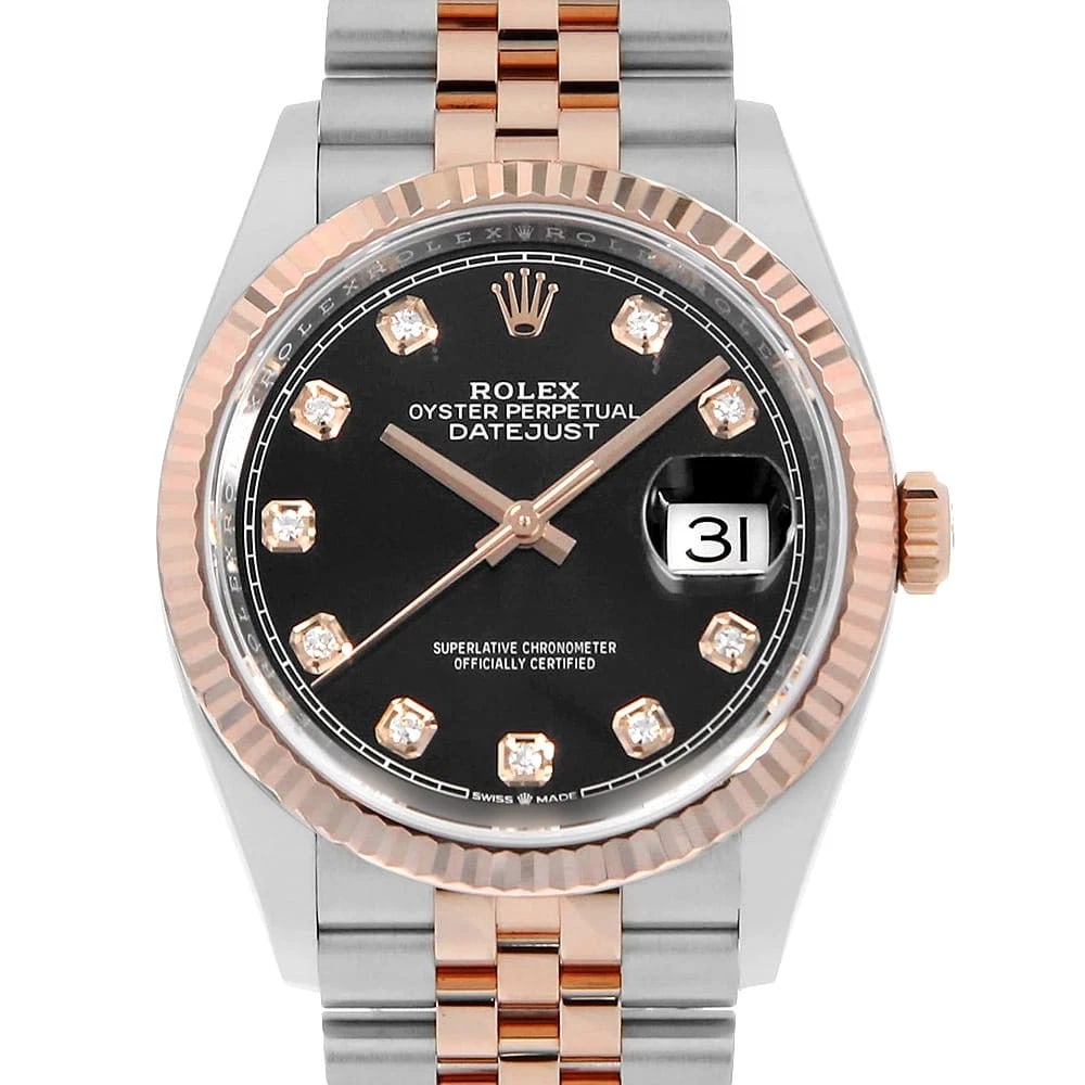 ROLEX DATEJUST DIAMOND BLACK WATCH: ROLEX Datejust diamond black Watch Brand: ROLEX Type: Wrist watch Material: Band Material Stainless Steel/Everose Gold, Case Material Stainless Steel/Everose Gold Color: Dial Color Black Size: Case:W3