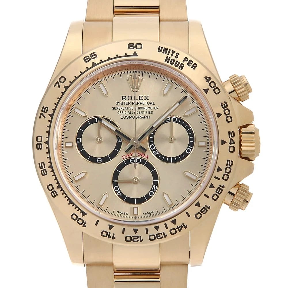ROLEX COSMOGRAPH DAYTONA GOLDEN WATCH: ROLEX Cosmograph Daytona Golden Watch Brand: ROLEX Type: Wrist watch Material: Band Material Yellow Gold, Case Material Yellow Gold Color: Dial Color Golden Size: Case:W40mm Circumference of Wrist