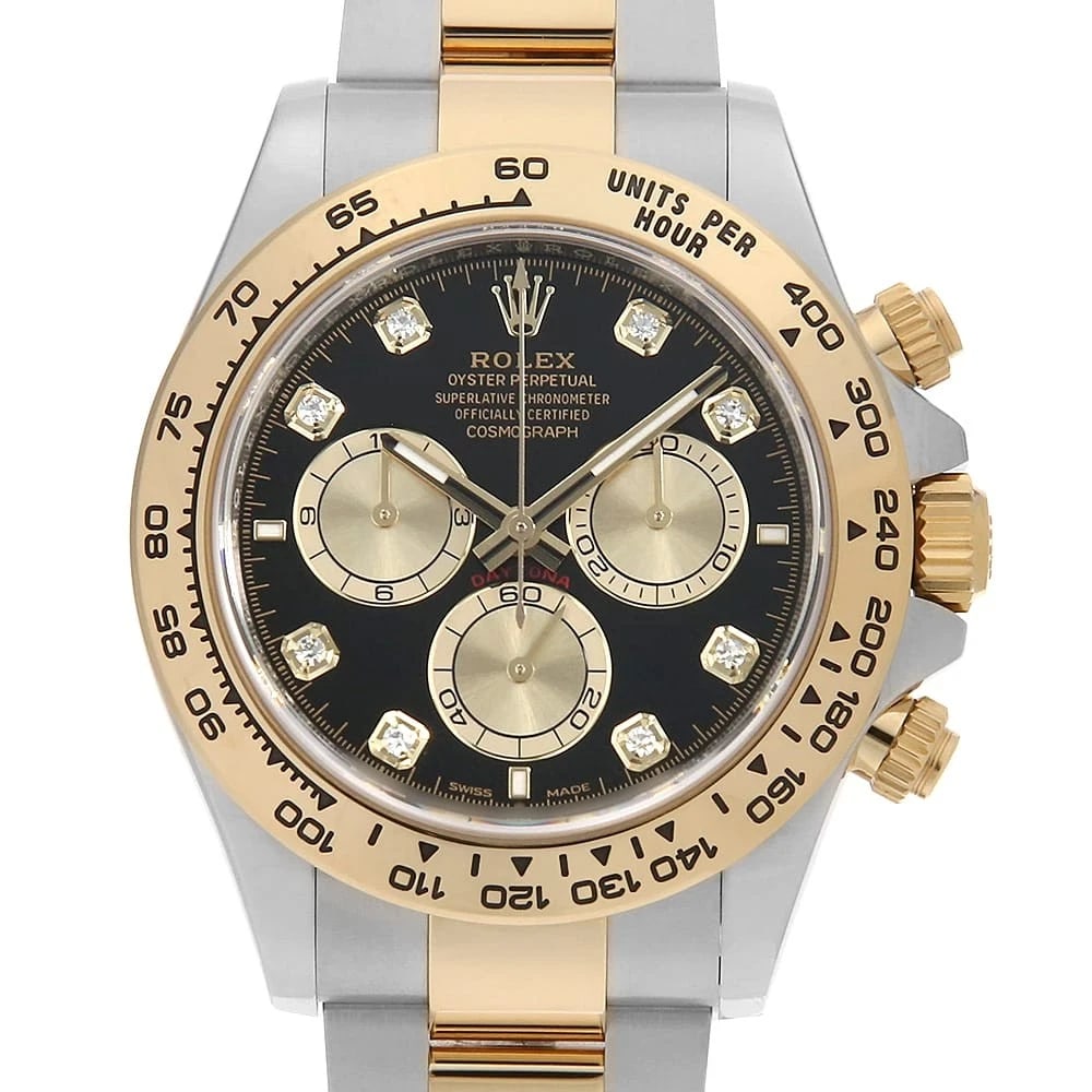 ROLEX COSMOGRAPH DAYTONA DIAMOND BLACK AND GOLD WATCH: ROLEX Cosmograph Daytona diamond Black and Gold Watch Brand: ROLEX Type: Wrist watch Material: Band Material Stainless Steel/Yellow Gold, Case Material Stainless Steel/Yellow Gold Color: Dial Color