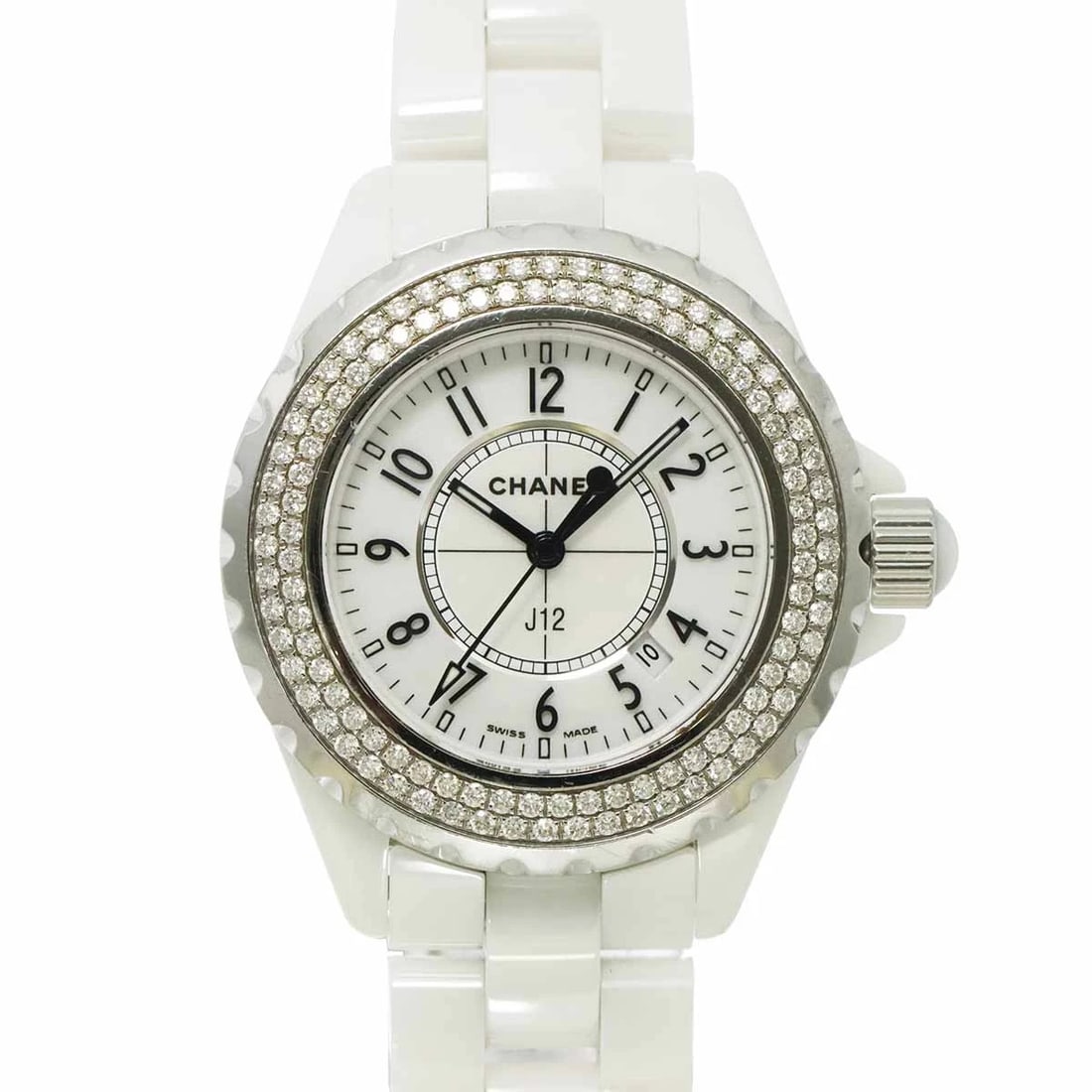 CHANEL J12 BEZEL DIAMOND WHITE WATCH WATCH: CHANEL J12 Bezel Diamond White Watch Watch Brand: CHANEL Type: Wristwatch Material: Stainless steel,Ceramic,Diamond Color: Dial Color white Size: Case size Length 40mm(included lag)Width34mm(not i