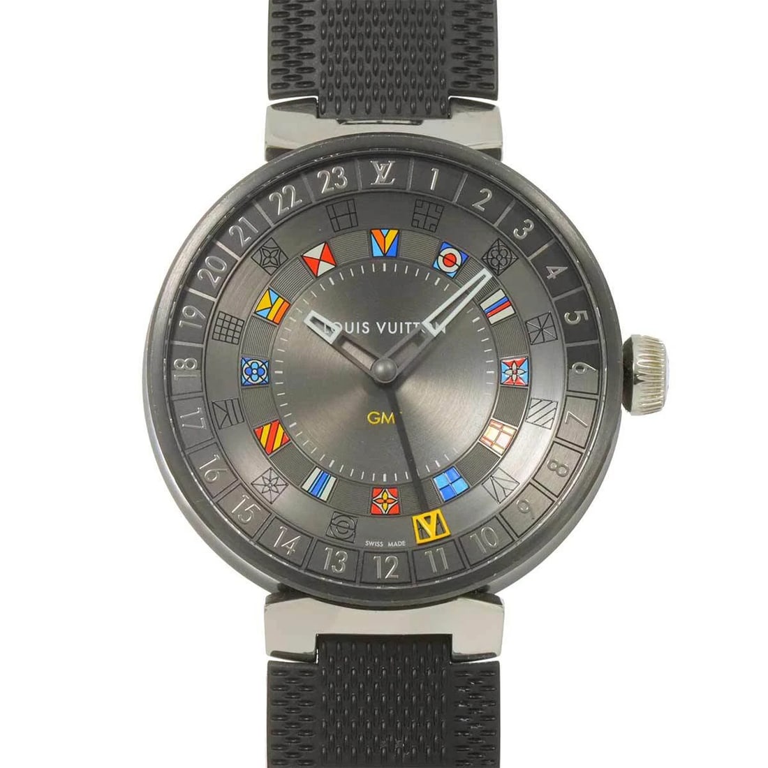 LOUIS VUITTON TAMBOUR WATCH WATCH: LOUIS VUITTON Tambour Watch Watch Brand: LOUIS VUITTON Type: Wristwatch Material: Stainless steel,Rubber Color: Dial Color none Size: Case size Length 52mm(included lag)Width 44mm(not included cro