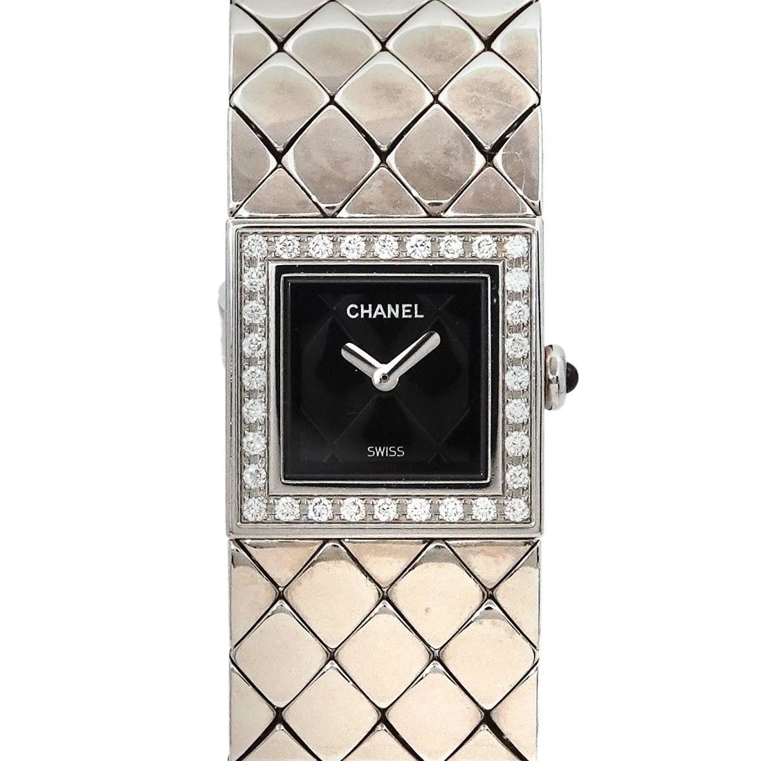 CHANEL MATELASSE BEZEL DIAMOND BLACK WATCH WATCH: CHANEL Matelasse Bezel Diamond Black Watch Watch Brand: CHANEL Type: Wristwatch Material: Stainless steel,Diamond Color: Dial Color black Size: Case size Length 19mmWidth 19mm(not included crown)