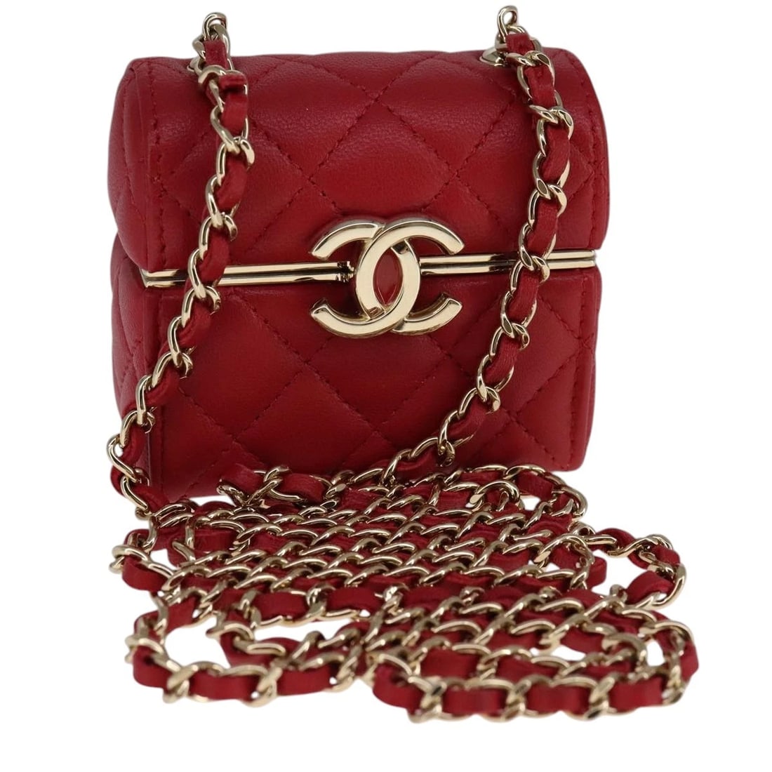CHANEL SMALL BOX MATELASSE CHAIN POUCH: CHANEL Small Box Matelasse Chain Pouch Brand: CHANEL Type: Pouch Material: Lamb Skin Color: Red Size: W2.8 x H2.8 x D1.4inch(Approx) Accessories: None Accessories Notice: When purchasing p
