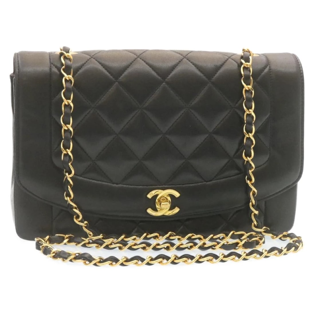 CHANEL CHAIN TURN LOCK DIANA MATELASSE SHOULDER BAG: CHANEL Chain Turn Lock Diana Matelasse Shoulder Bag Brand: CHANEL Type: Shoulder Bag Material: Leather/Lamb Skin Color: Black Size: W9.8 x H6.3 x D3.0inch(Approx) Shoulder Drop:20.5inch(Approx) A