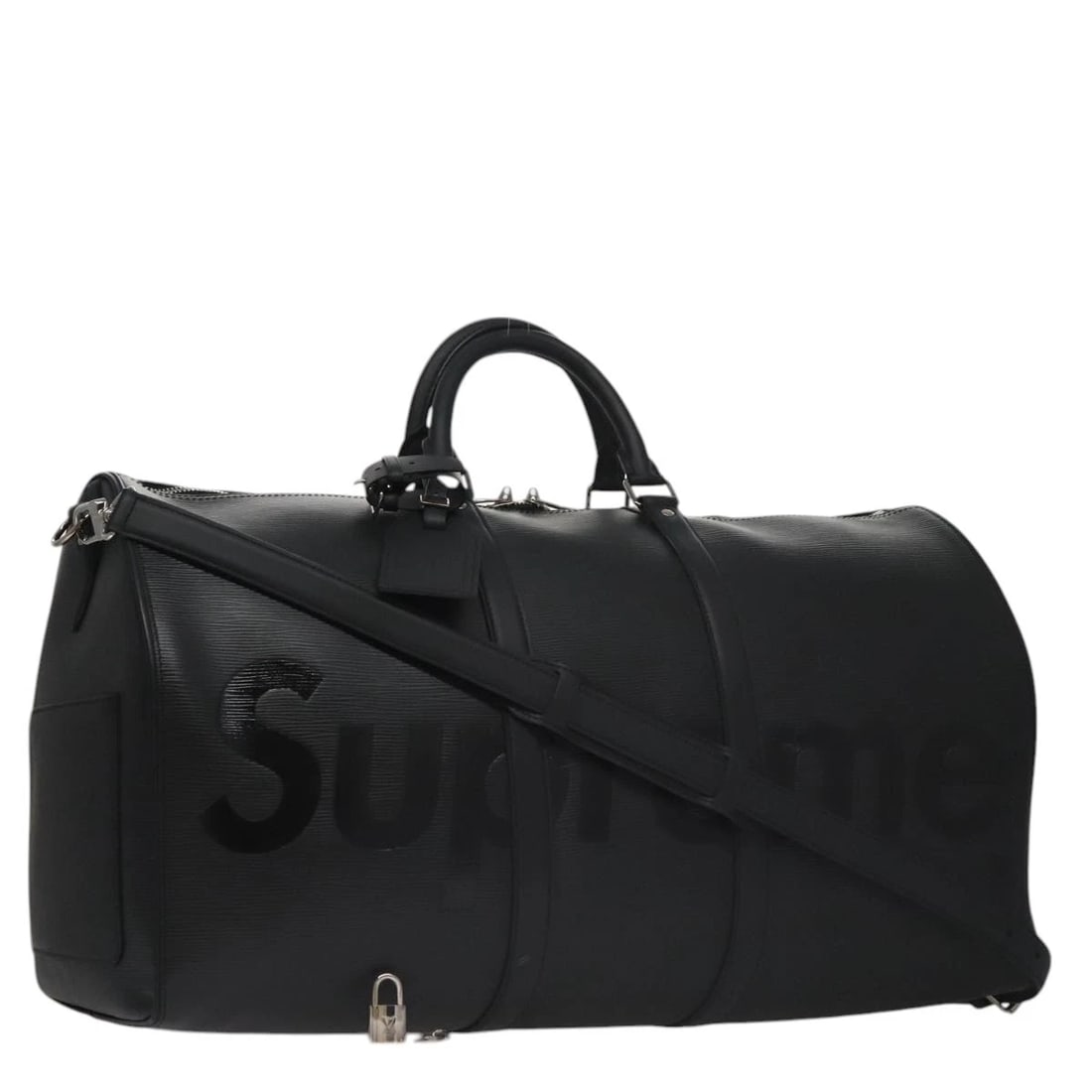 LOUIS VUITTON EPI LV × SUPREME KEEPALL BANDOULIERE 55 BAG: LOUIS VUITTON Epi LV × Supreme Keepall Bandouliere 55 Bag Brand: LOUIS VUITTON Type: Boston Bag Material: Epi Leather Color: Black Size: W21.7 x H10.6 x D9.8inch(Approx) Shoulder:40.2 - 47.2inch(