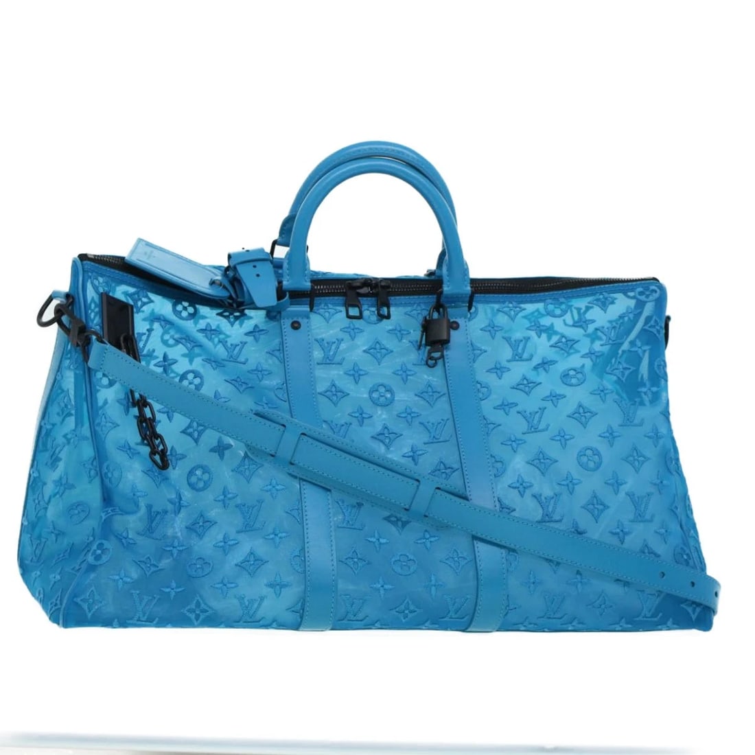 LOUIS VUITTON MESH KEEPALL TRIANGLE 50 BOSTON BAG: LOUIS VUITTON Mesh Keepall Triangle 50 Boston Bag Brand: LOUIS VUITTON Type: Boston Bag Material: Monogram Canvas Color: Turquoise Blue Size: W20.1 x H11.0 x D9.4inch(Approx) Accessories: None