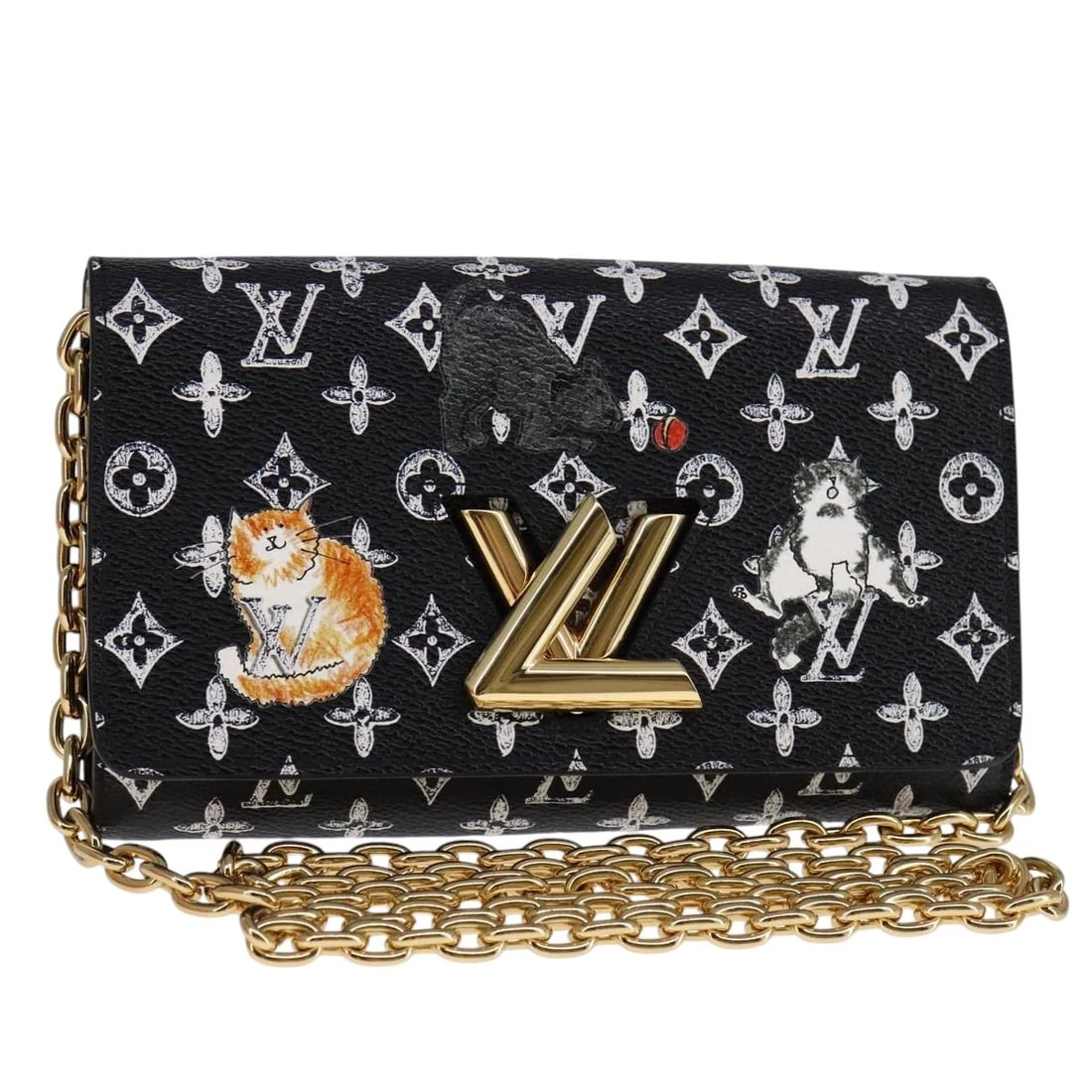 LOUIS VUITTON MONOGRAM CATGRAM PORTEFEUILLE CHAIN WALLET: LOUIS VUITTON Monogram Catgram Portefeuille Chain Wallet Brand: LOUIS VUITTON Type: Wallet Material: Monogram Canvas Color: Monogram/Black Size: W7.5 x H4.5 x D1.6inch(Approx) Accessories: None