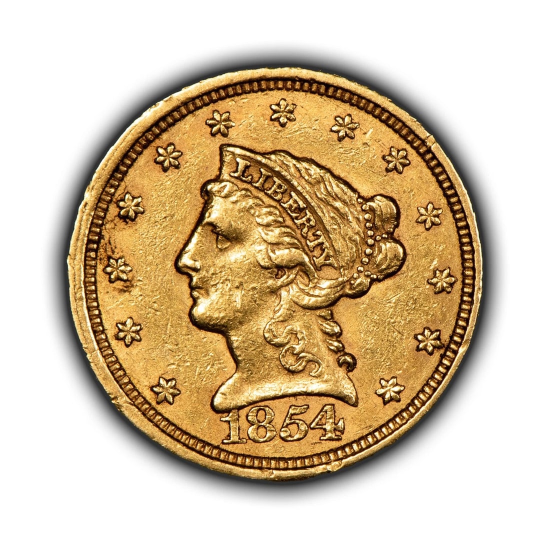 1854 G$2.50 LIBERTY HEAD GOLD QUARTER EAGLE: 1854 G$2.50 Liberty Head Gold Quarter Eagle Brand/Mint: U.S. Mint Year: 1854 Fineness: 0.9 Country of Origin: United States Accessories: None Accessories Notice: When purchasing pre-owned goods, p