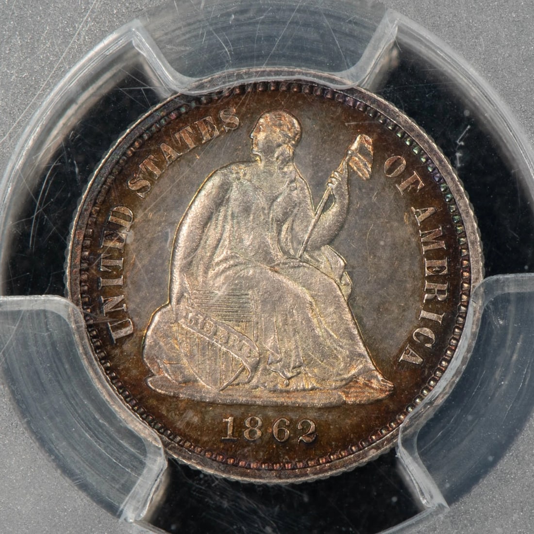 1862 H10C SEATED LIBERTY SILVER HALF DIME PROOF NEON RAINBOW: 1862 H10c Seated Liberty Silver Half Dime Proof Neon Rainbow Brand/Mint: Philadelphia Year: 1862 Fineness: 0.9 Country of Origin: United States Accessories: None Accessories Notice: When purchasin