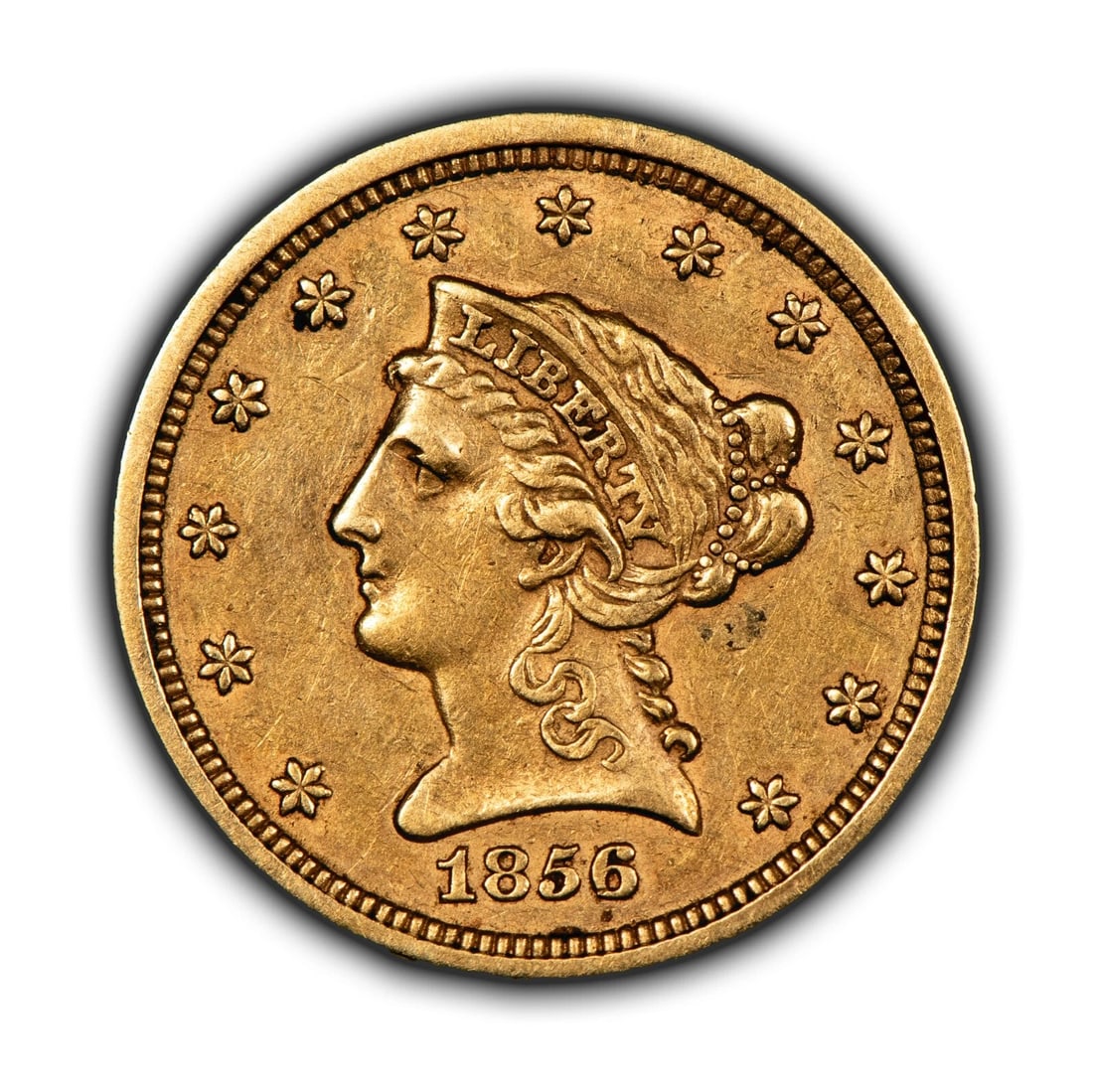 1856 G$2.50 LIBERTY HEAD GOLD QUARTER EAGLE: 1856 G$2.50 Liberty Head Gold Quarter Eagle Brand/Mint: U.S. Mint Year: 1856 Fineness: 0.9 Country of Origin: United States Accessories: None Accessories Notice: When purchasing pre-owned goods, p