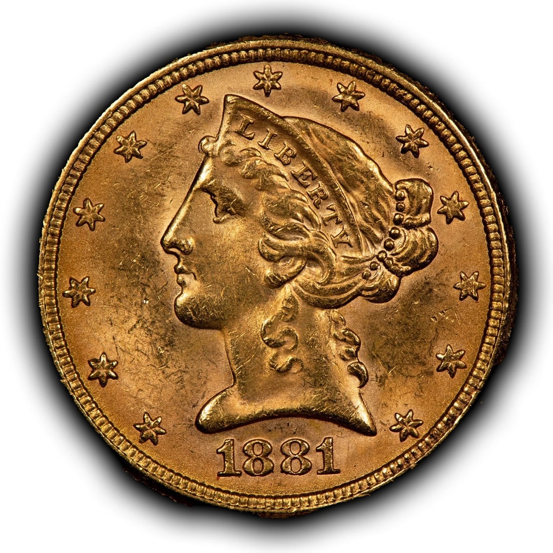 1881 G$5 LIBERTY HEAD GOLD HALF EAGLE: 1881 G$5 Liberty Head Gold Half Eagle Brand/Mint: U.S. Mint Year: 1881 Fineness: 0.9 Country of Origin: United States Accessories: None Accessories Notice: When purchasing pre-owned goods, please