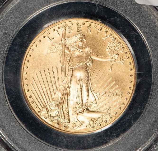 2004 G$25 1/2 OZ GOLD AMERICAN EAGLE: 2004 G$25 1/2 oz Gold American Eagle Brand/Mint: U.S. Mint Year: 2004 Fineness: 0.9167 Country of Origin: United States Accessories: None Accessories Notice: When purchasing pre-owned goods, pleas