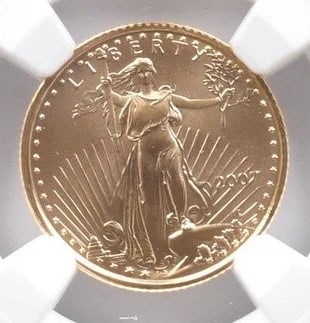 2007 $5 AMERICAN GOLD EAGLE: 2007 $5 American Gold Eagle Brand/Mint: None Year: 2007 Fineness: None Denomination: $5 Country of Origin: United States Accessories: None Accessories Notice: When purchasing pre-owned goo