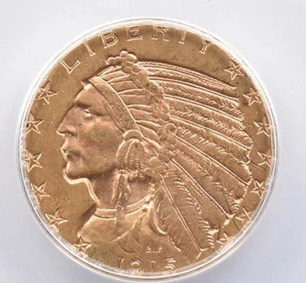 1915 $5 INDIAN HEAD GOLD HALF EAGLE: 1915 $5 Indian Head Gold Half Eagle Brand/Mint: None Year: 1915 Fineness: None Denomination: $5 Country of Origin: United States Accessories: None Accessories Notice: When purchasing pre-o