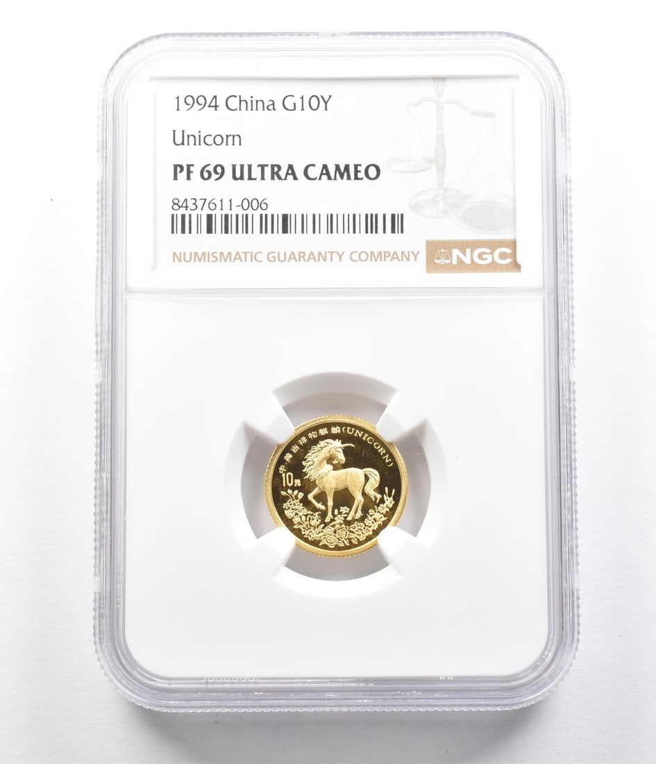 1994 CHINA 10 YUAN GOLD UNICORN: 1994 China 10 Yuan Gold Unicorn Brand/Mint: None Year: 1994 Fineness: 0.999 Denomination: 10 Yuan Country of Origin: China Accessories: None Accessories Notice: When purchasing pre-owned g