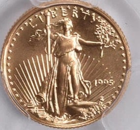 1995 $5 AMERICAN GOLD EAGLE: 1995 $5 American Gold Eagle Brand/Mint: None Year: 1995 Fineness: None Denomination: $5 Country of Origin: United States Accessories: None Accessories Notice: When purchasing pre-owned goods,